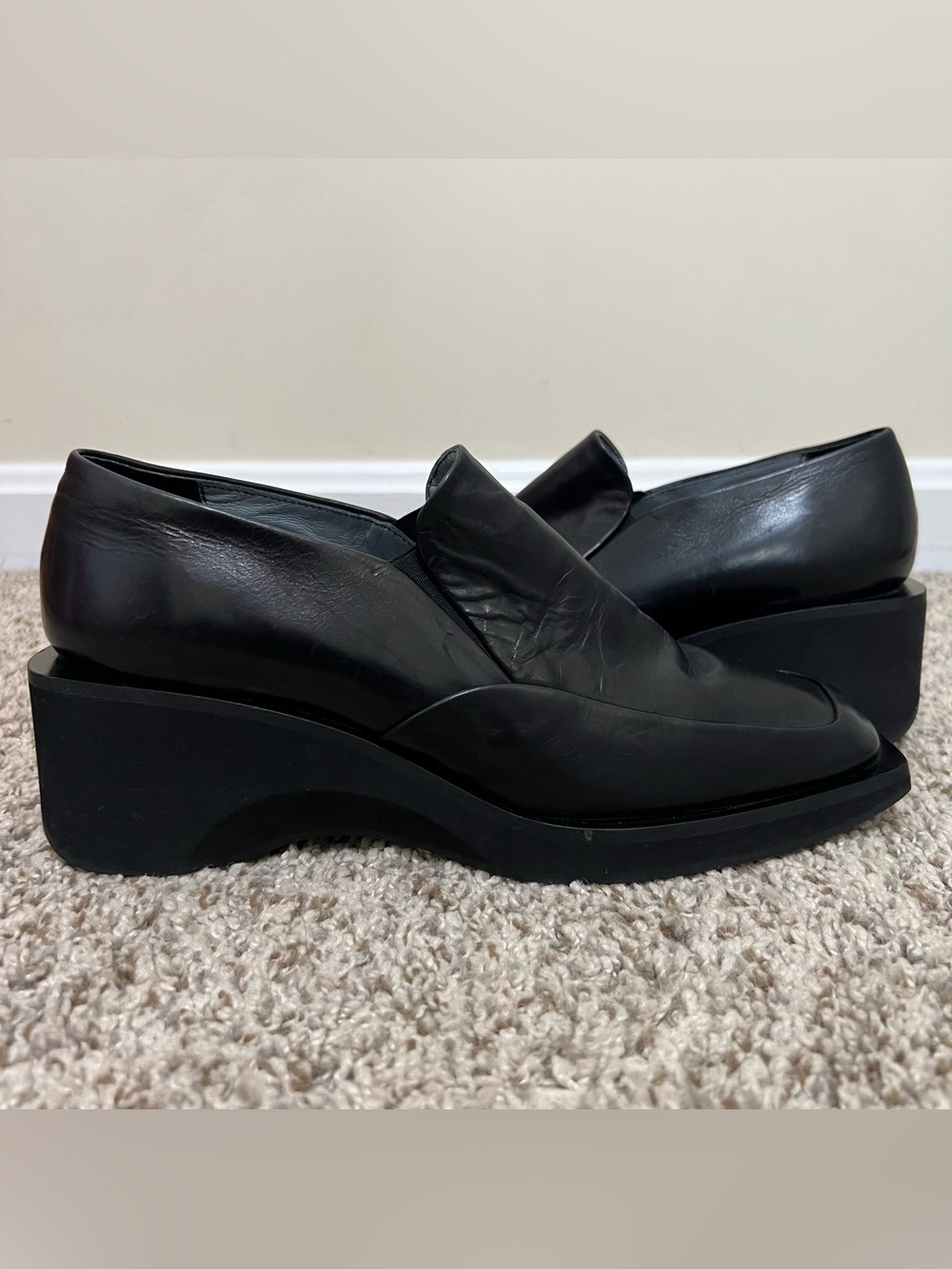 Joan & David Black Leather Square Toe Loafer Pumps Handmade in Italy Size 8